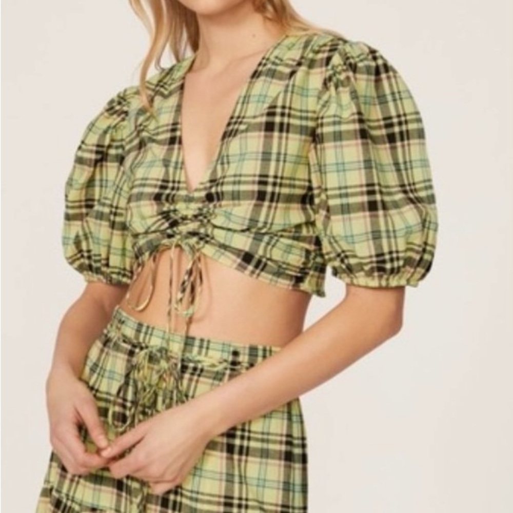 Derek Lam NWT cropped checked cotton blend poplin Puff Sleeve Top. Size 6. - Picture 2 of 6